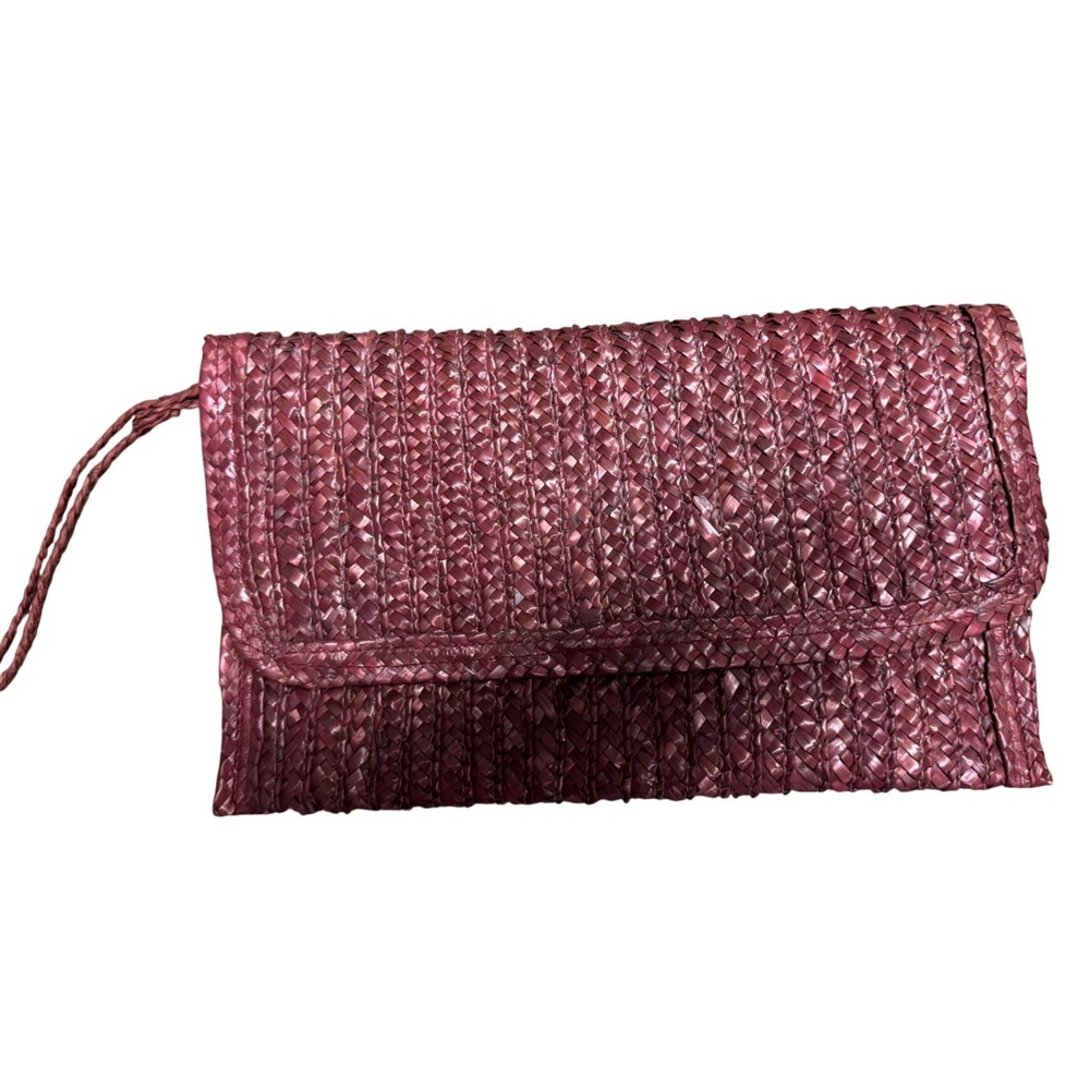 Le Lis Blanc Burgundy Woven Straw Clutch Bag Snap Wristlet